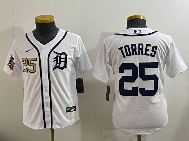 Youth 2025 Detroit Tigers #25 Torres White Game Nike MLB Jersey style 5->youth mlb jersey->Youth Jersey